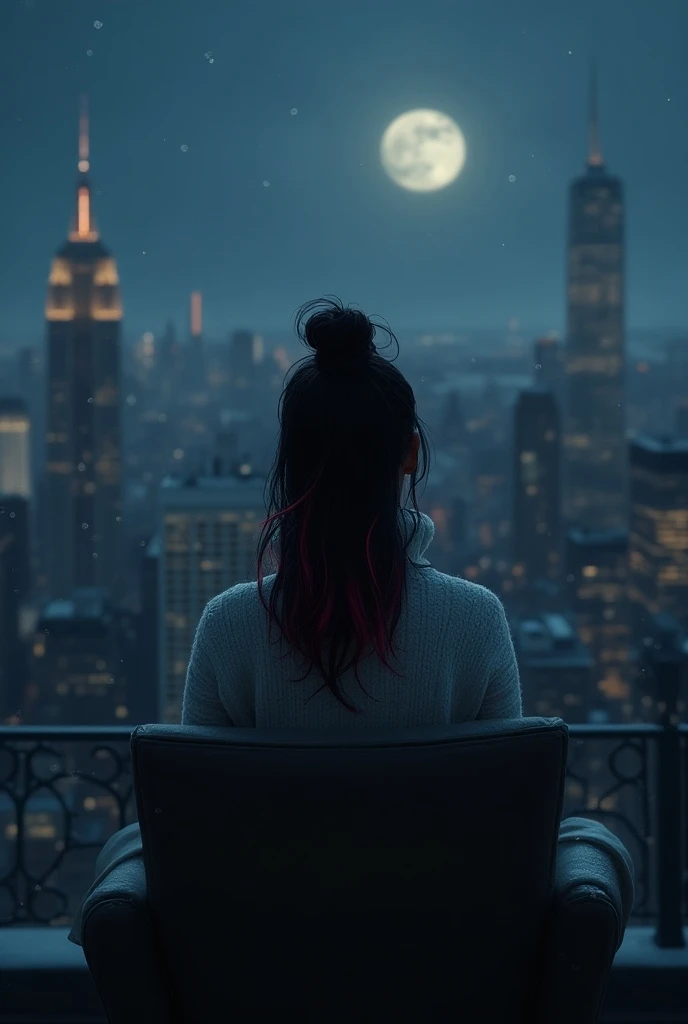 Night cityscape, big red moon and person sitting by the window, sci-fi art style