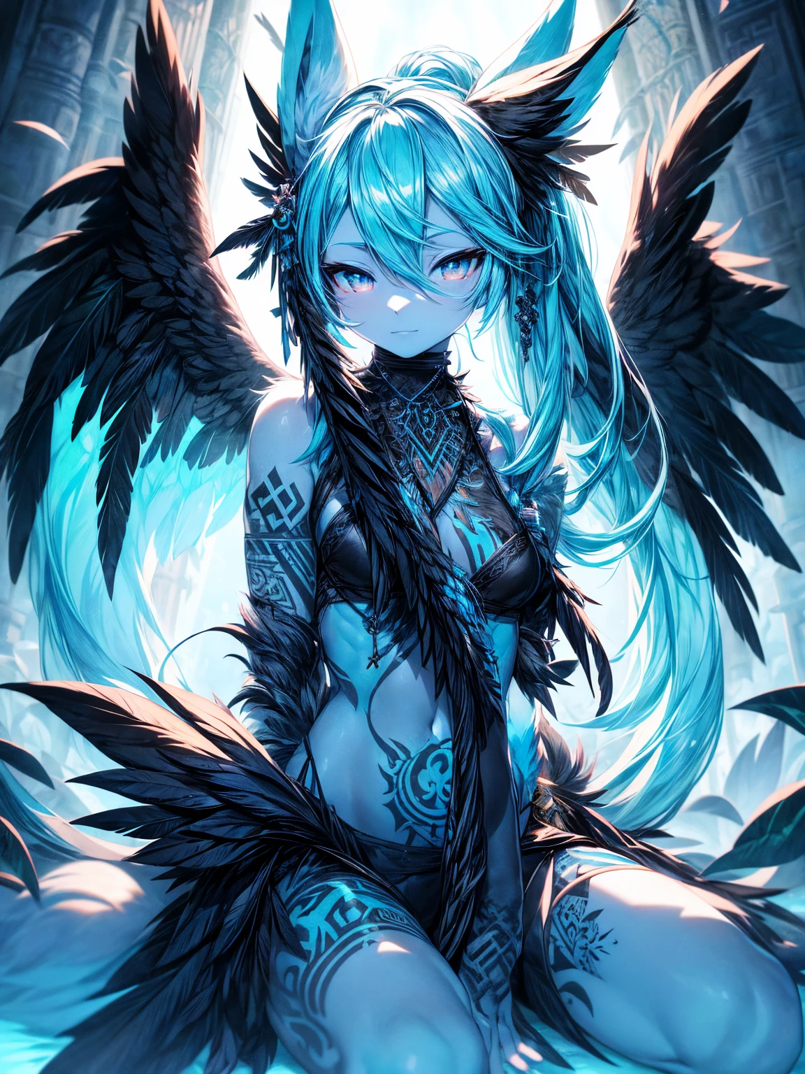 Miku Hatsune x kitsune add high definition_detail:1, blue fur, tribal tattoo add_detail:1, in hell add_detail, barefoot, the same, giant black feather wings_detail:1 ,alas hermosas la mejor calidad y detail en las plumas, red saturation light, evil empress, sitting on a throne of skulls_detail:1