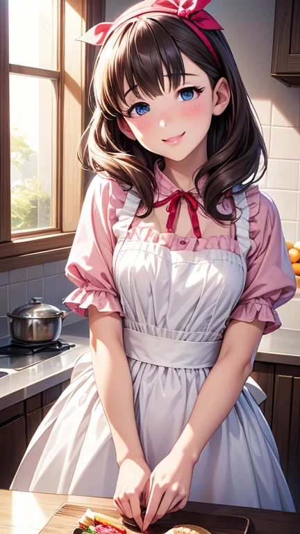 Best Quality、 High Resolution 、High image quality、 High Resolution 、(Glossy lips、  Glowing Skin 、 realistic skin texture 、Checked Apron、kitchen)、is staring at me、Love me、、 smile with your mouth open ,Naked Apron),Sakuma, One Girl, heart, blue eyes, Hairbands,   viewers, Red ribbon, frills, smile,  yandere