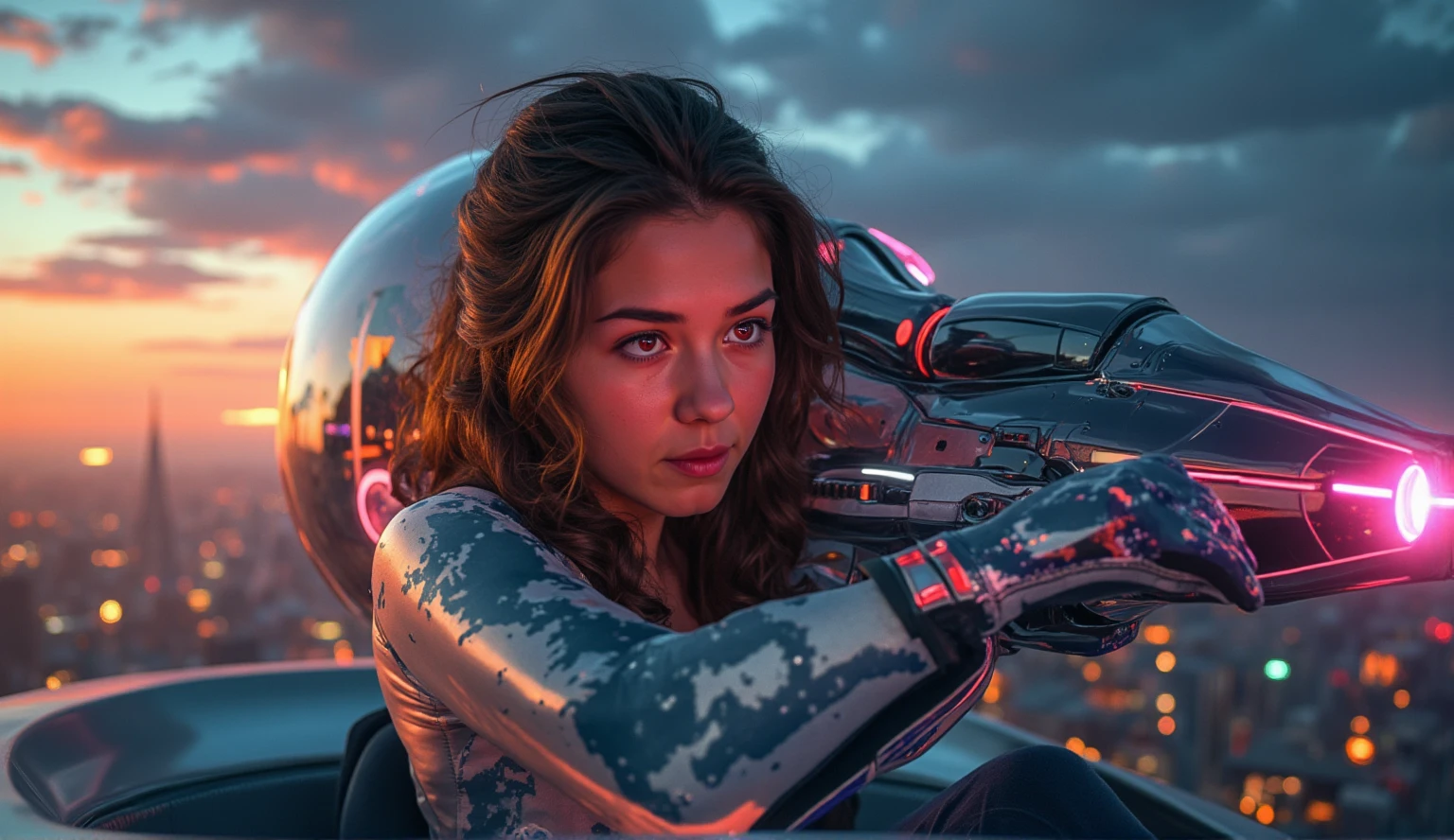 A dynamic close-up shot of a super-powered girl, her eyes glowing with energy, maneuvering a sleek, futuristic light ship in the sky. The ship is illuminated by the golden hour sunlight, casting a warm glow on her determined face. She is in a dynamic pose, hands gripping the controls, with the vast expanse of the sky and distant cityscape visible through the cockpit window. The composition is balanced, with the girl and ship at the center, framed by the glowing sky and city lights below. ultra detailed skin with pores, horizon, sharp light and shadows, neon lights. sci-fi, cyberpunk, cityscape, panorama, ray tracing, DSLR, UHD, 8k, photorealistic, masterpiece, award-winning