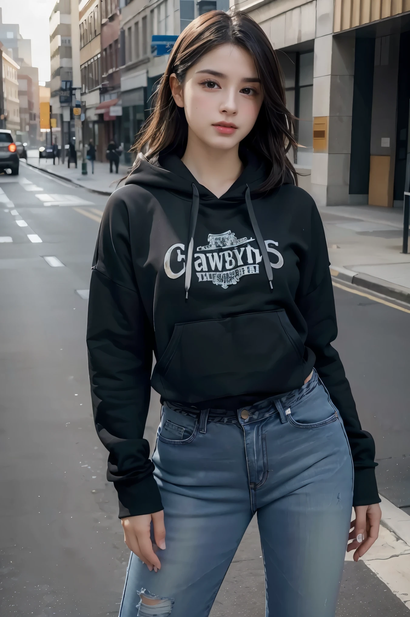 woman, urban, streets, (day:1.1), RAW,(8k, best quality, masterpiece:1.2),(intricate details:1.4),(photorealistic:1.4),octane render, complex 3d render ultra detailed, studio soft light, rim light, vibrant details, ultra detailed, realistic skin texture, detailed face, beautiful detailed eyes, extremely detailed CG unity 8k wallpaper, makeup, (detailed background:1.2), (cowboy shot:1.2),(hip),(perfect anatomy:1.2),(black hoodie, long jeans:1.2), 
