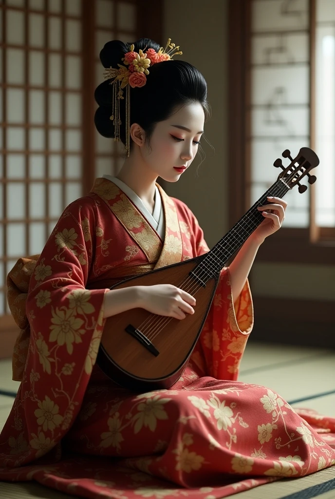 Traditional Japanese geisha playing the lute, hyperrealistic camera shot