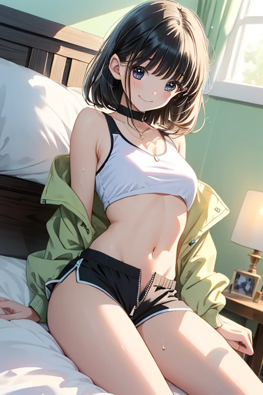 (Highest quality:1.5, High resolution, uhd, 4K, Detailed lighting, Shaders), NSFW Misaka Mikoto,　solo short hair　Brown Hair　Brown eyes　Cool face　　Black shorts　Sports bra with a small area　Realistic sun rays　 綺麗な公園 Sweat　Beautiful Abs　Small breasts　1girl, (nsfw:1.0), Spread your legs, seat, Elevate your legs, nude, (Pussy Focus:1.0) Sweat, Shiny skin, Heavy breathing, ( Sex, sexual intercourse, Insert, Hetero, Motion Lines, Motion Blur, Talking Spirit:1.1), (Lying, Lying on your back, bed,Subjective:1.1)blush　depressed　Face distorted by pleasure　Resisting Pleasure　Blushing cheeks　wet Nipples licked　Overflowing body fluids　Spurting body fluids　((Lean back)) (((Ecstasy)))++　Raise your arms　Sloppy posture　Beautiful Armpits　Completely naked　{{topless}}