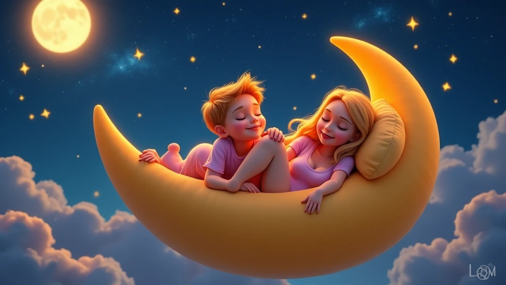 inspired by Disney Pixar characters, the image of the characters sleeping on a large FLOATING BED IN THE SHAPED OF A yellow  moon WITH A YELLOW MATTRESS, A MAGICAL, PLAYFUL AND ATTRACTIVE SCENE, ALL THE CHARACTERS SLEEP: CHARACTERISTICS OF THE CHARACTERS: 1 - BLONDE BOY, egas offered to the BOY'S delight AS IF SHE WAS CALLING HIM FOR intimate moments, SHE HAS A SLIGHT SMILE ON HER LIPS, HER EYES CLOSED AND SLEEPING, SHE WEARS SEXY FEMININE PINK PAJAMA, SHE SLIGHTLY PULLS HER PANTIES TO THE SIDE SO THAT THE BOY CAN PUT HIS member IN HER, BACKGROUND DESCRIPTION: A NIGHT FULL OF BRIGHT YELLOW STARS AND A BEAUTIFUL FULL MOON