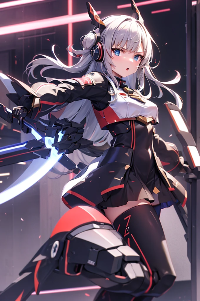 mecha wing、Thighs、tights、chest、White Hair、 1 girl、 solo girl 、income、 headphones、idol dress、Rin々Funny face、 Holding Swords 、Has a shield、mecha girl、 black skirt 、Red Armor