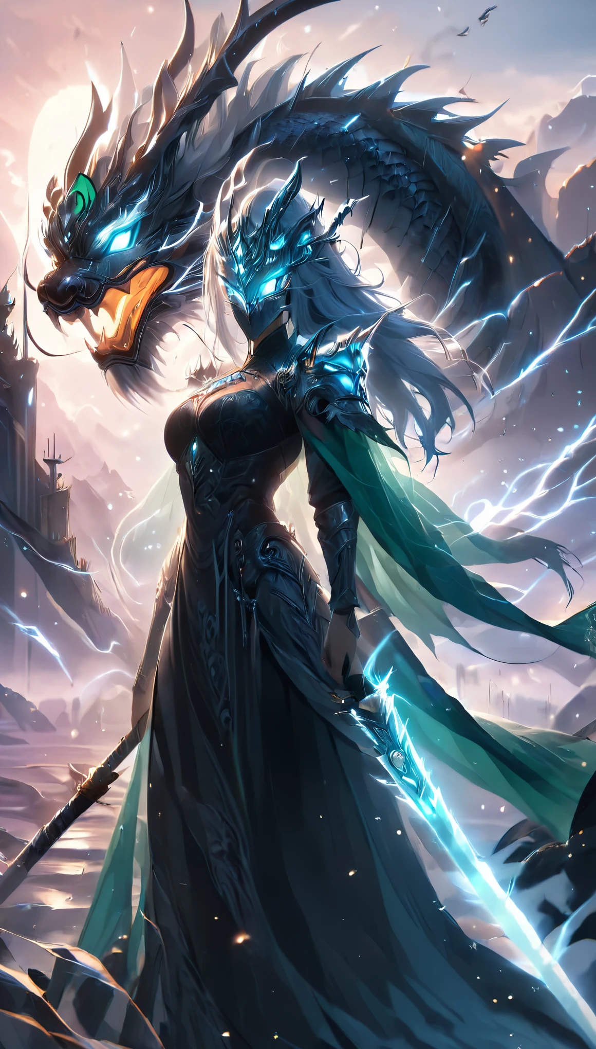 A powerful woman knight clad in silver and emerald armor, standing tall and fearless, gripping a majestic spear. Her armor is intricately detailed, featuring wyvern-shaped shoulder plates and a flowing emerald cape. Her long, flowing hair billows in the wind as she stands on a cliff edge, a wyvern perched loyally beside her, wings outstretched against the sunset sky. The landscape below is vast and rugged, with towering mountains and forests. The knight’s expression is fierce yet noble, embodying strength and grace as the guardian of the wyverns. Her connection to the mystical creature radiates power, as their bond is evident in their stance, ready for battle.