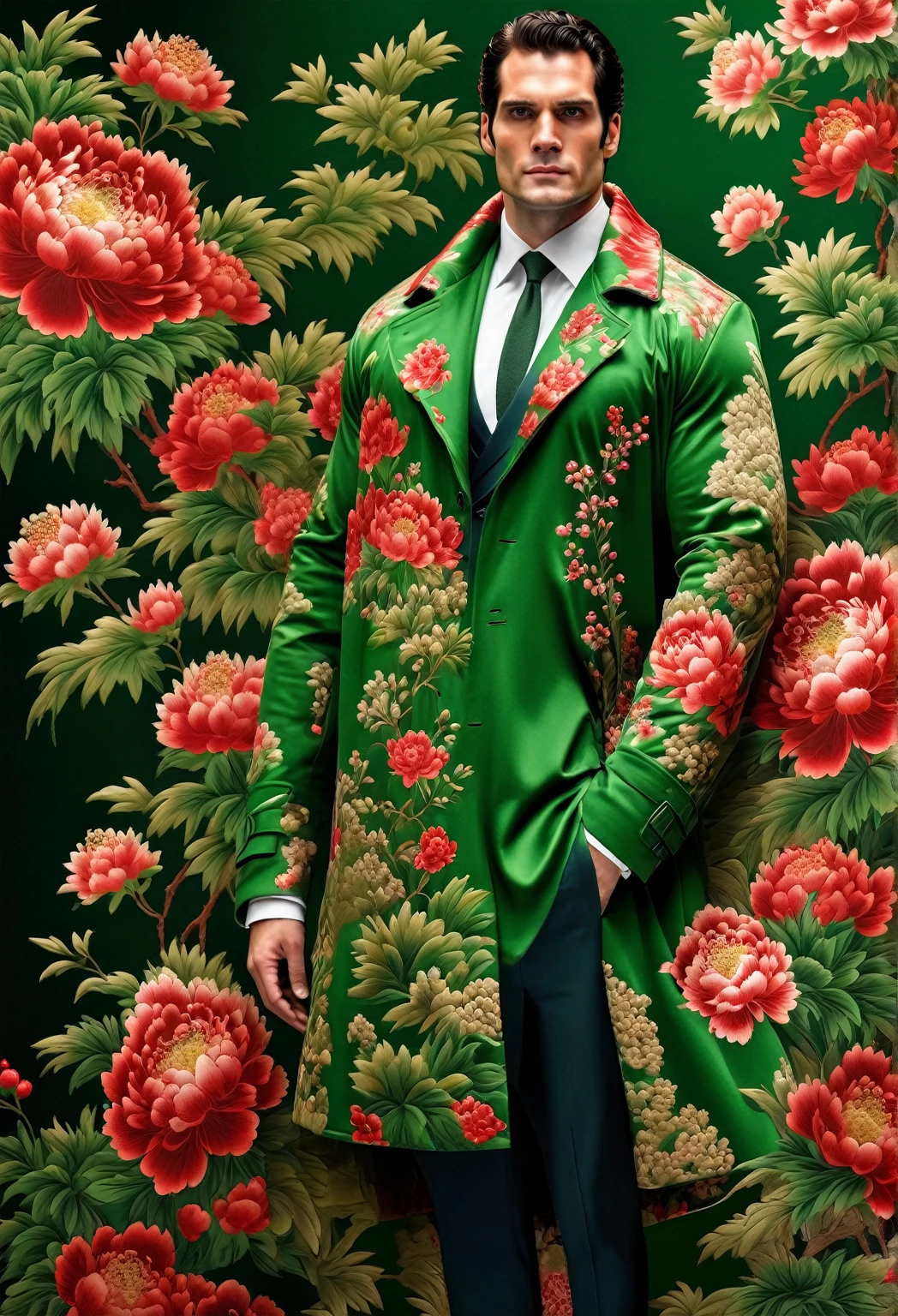 in style of Dan Mumford，At the fashion show, Henry Cavill, a tall body-building male model, (wearing a cotton coat made of thick red and green peony coarse fabric: 1.34), (super long cotton army coat: 0.65), cotton coat with the function of warmth preservation and wind resistance, peony flowers, leaves, embroidery of Suzhou bright red and green peony patterns as the theme, white silk boxers, 
Background: Indoor T-runway with heavy snow, T-platform, depth of field, ultra clear, ultra-high quality, bottom-up angle,