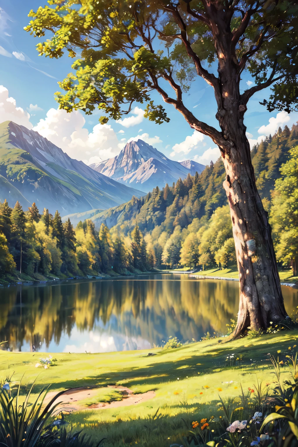 a serene landscape, beautiful detailed hills, lush green meadows, peaceful lake with calm water, fluffy white clouds in the sky, warm golden sunlight, intricate foliage and trees, highly detailed and realistic, 8k, photorealistic, masterpiece, professional digital art,