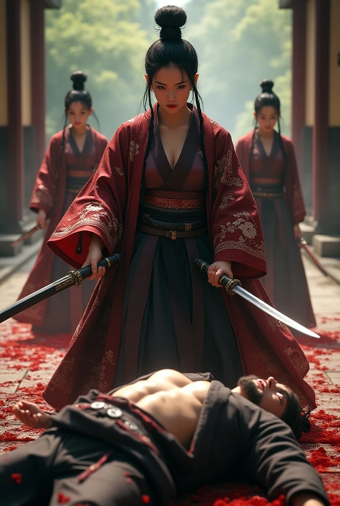 Japanese A beautiful wonder Woman knife, cut throat A man ninja neck bloody splash, full body, wide o pen throat