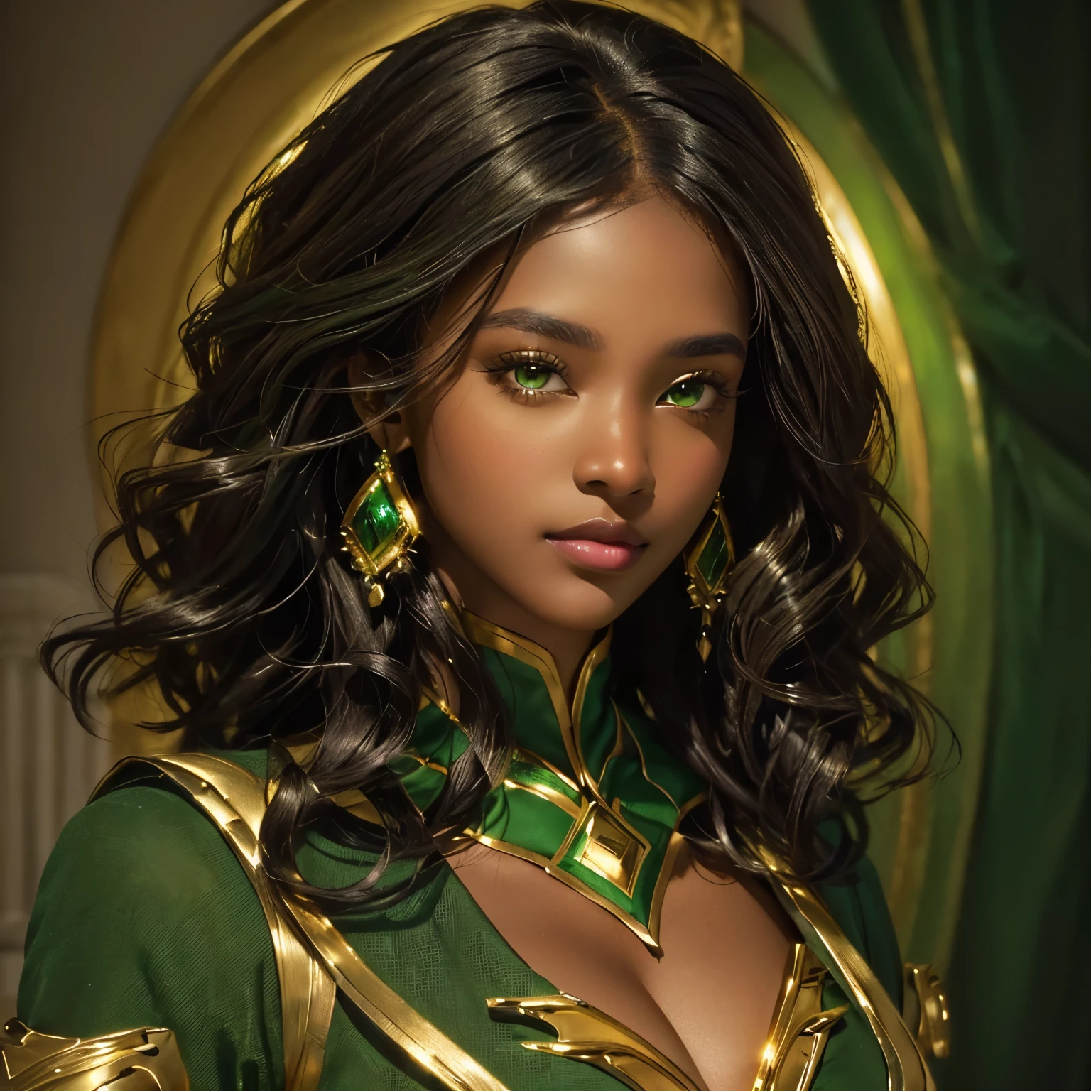 A 12 year old with dark skin, blackquality hair, clear green eyes, with a mischievous smile, She is wearing a black heroine costume with fur on the sleeves and lap, do it in Marvel comic style