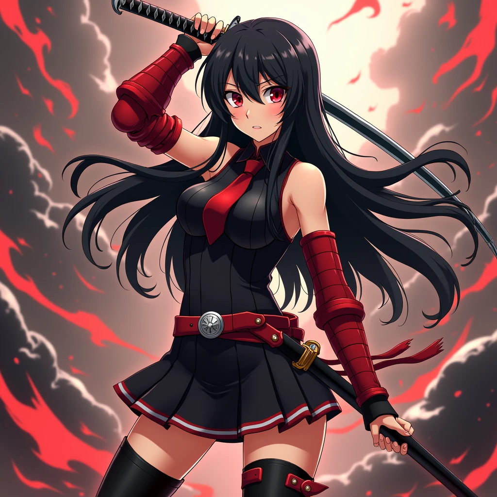 Anime, Girl, (((1girl))), (((Waifu, Raven Branwen, Raven Branwen Waifu))), (((Black Hair, Messy Hair))), ((Crimson Red Eyes eyes: 1.3, Upturned Eyes: 1, Perfect Eyes, Beautiful Detailed Eyes, Gradient eyes: 1, Finely Detailed Beautiful Eyes: 1, Symmetrical Eyes: 1, Big Highlight On Eyes: 1.2)), (((Lustrous Skin: 1.5, Bright Skin: 1.5, Skin Fair, Shiny Skin, Very Shiny Skin, Shiny Body, Plastic Glitter Skin, Exaggerated Shiny Skin, Illuminated Skin))), (Detailed Body, (Detailed Face)), Young, Lolita, (Best Quality), (((Bicep-high Gauntlets, Armored Boots, Thigh-high Heeled Boots, Armored Gauntlets))), (((Battle Kimono))), (((Skirt))), High Resolution, Sharp Focus, Ultra Detailed, Extremely Detailed, Extremely High Quality Artwork, (Realistic, Photorealistic: 1.37), 8k_Wallpaper, (Extremely Detailed CG 8k), (Very Fine 8K CG), ((Hyper Super Ultra Detailed Perfect Piece)), (((Flawless masterpiece))), Illustration, Vibrant Colors, (Intricate), High Contrast, Selective Lighting, Double Exposure, HDR (High Dynamic Range), Post-processing, Background Blur