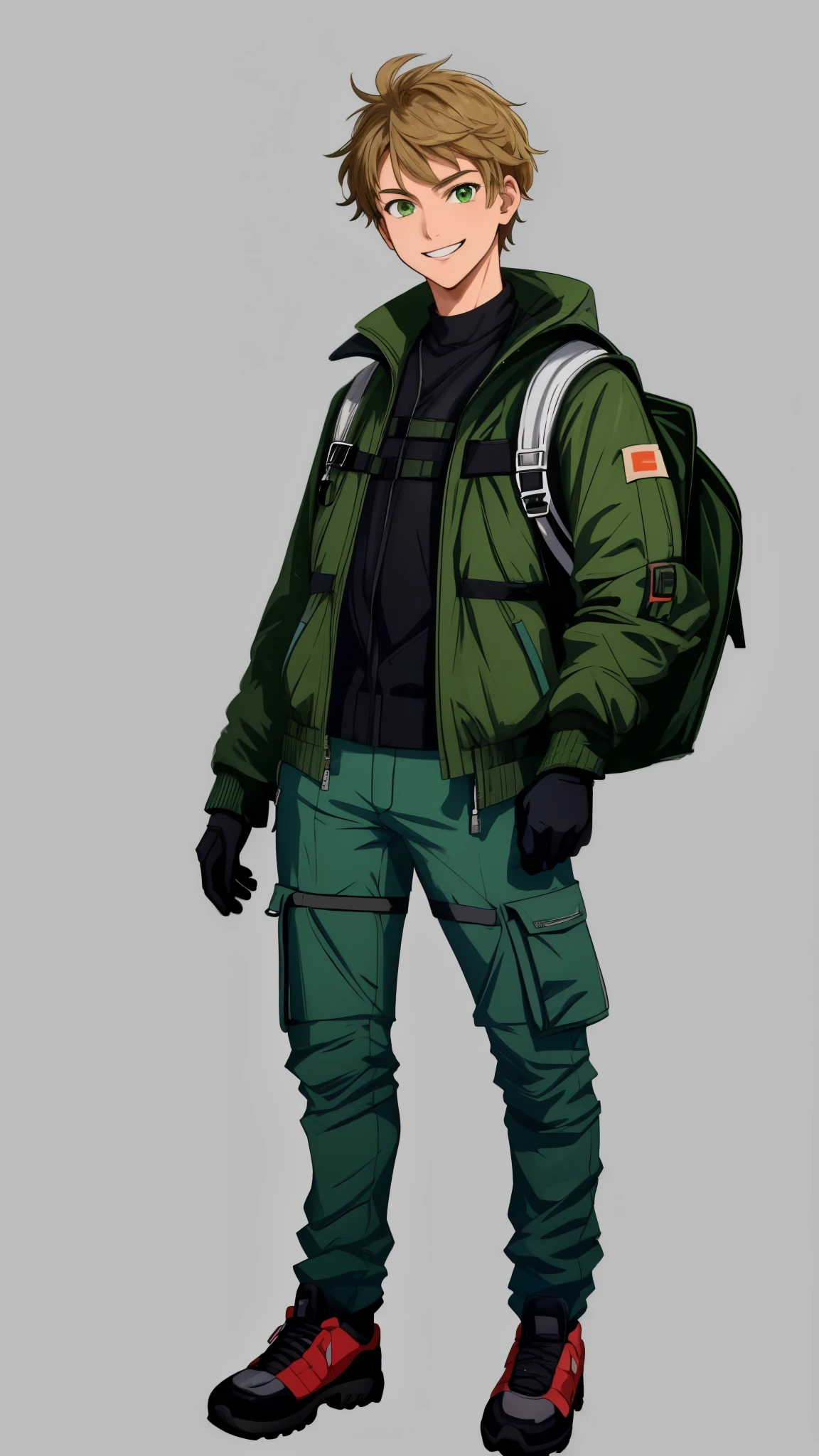 masterpiece, best quality, ((ultra detailed)), hyper detailed, highres, FHD, ((detailed face)), geological surveyor, glad, smiling, standing, arms crossed, looking at viewer, front view, short hair, messy hair, dark blonde hair, green eyes, with sparkling eyes, big eyes, shiny skin, tall, slender, blouse, jacket, gloves, long pants, climbing backpack, 26-year-old, ((no background)), flat background, solid white background, cel anime, character design references, ((full body shot)), wide shot, from front, wide view, midday