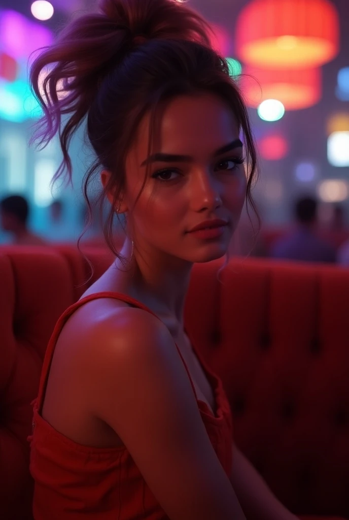 (Photorealism:1.2), high quality, 8K Ultra HD, A cinematic masterpiece unfolds: full-length_portrait ,Hyper-detailed photography, Jean-Baptiste Monge style, of a beautiful caucasian woman (hollywood actress jessica alba), (26 years old:1.3),perfect sweet face and expressive eyes, tanned and radiant,(blue_eyes:0.6), (evil smile:0.4),she grasps her wild wavy messy ((dark_red black hair with vibrant red streaks)),ponytail,blue eyes,wearing a cropped dark_red neckholder top, dark_red tartan_skirt, drinking a ice cold drink, cocktail, sits in a cafe (on a sunny day) in a desirable pose, in a futuristic bar at morning,looking erotic thrilled at the viewer, on a sunny day,filigree, lights, surreal, fantasy, science fiction, digital art, ultra hd, hyper-realistic illustration, vivid colors, UHD, cinematic perfect light,greg rutkowski, REALISTIC, Masterpiece,hyperrealism,32k ultra fine detailed,cinematic,photo realistic,dynamic lighting,masterpiece,32k,high definition,smooth,ultra high definition,ultra sharp, intricate artwork masterpiece,hyperrealism,style,enhance,concept,wallpaper, The 50mm lens captures every detail, in stunning 32k high definition,real hands,more detail XL,Extremely Realistic,dark,Neon Lights say:"Good Morning Pixja"
