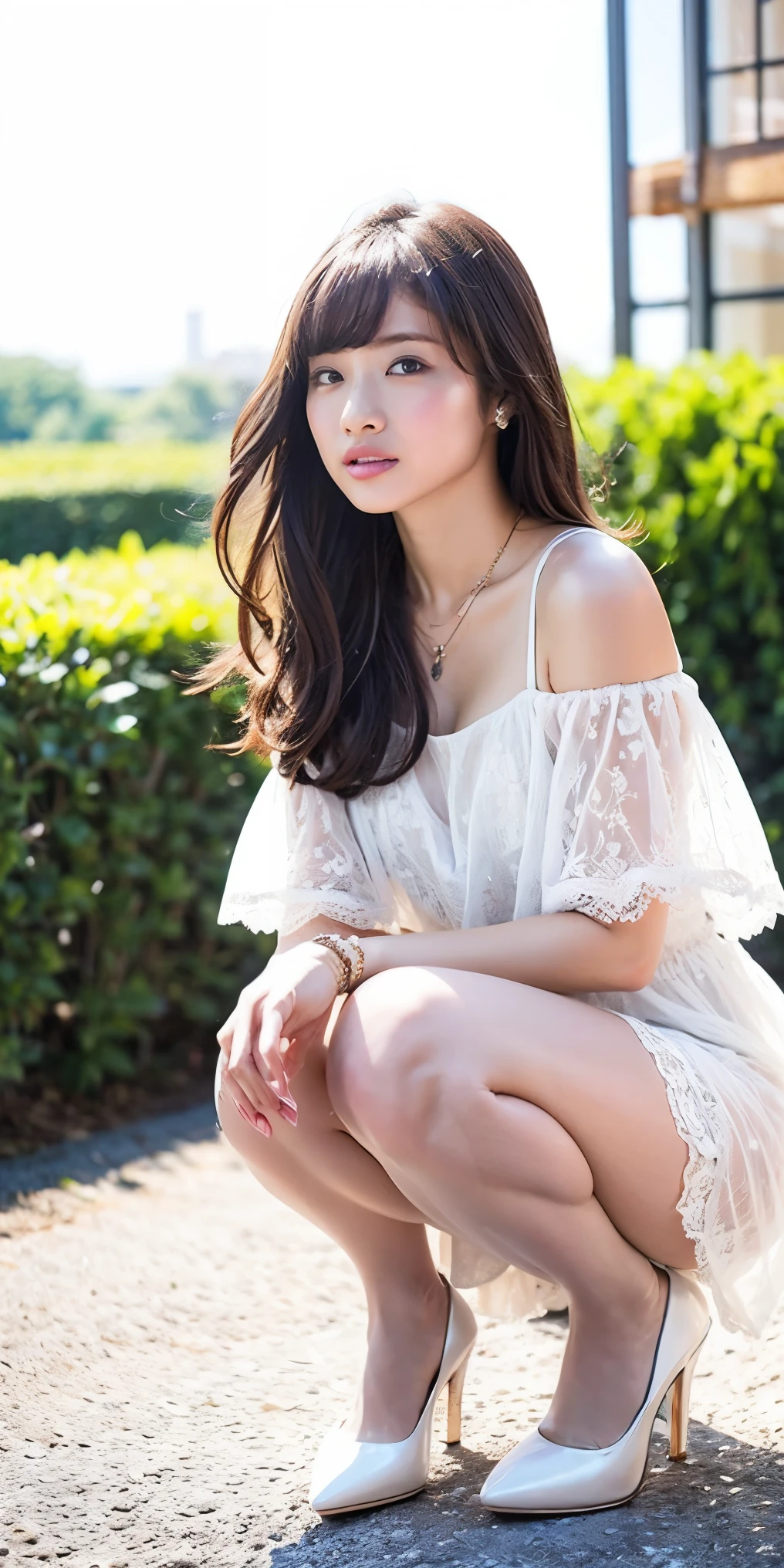 Dark brown hair、Light brown eyes、Japanese actress、 Lady、I am about 40 years old..、(Intricate details:1.2)、(Which one is on top??:1.4)、 (Ultra-high resolution:1.2)、Ultra-high resolution、(Finely tuned)、(Detailed facial features)、Hmph、8K resolution、D cup size breasts、Long Hair、Blocks sunlight and shade、A balcony with a resort feel、Pink flowers are decorated in the background、Pink flowers blooming in a resort area、Decorate your ears with deep pink flowers、white wall、white floor、Full body photo、Head to toe shot、Beautiful legs、white　One piece with a wide open back、Blackpink Jenny　私 took this photo with the image of、Beautiful legs、she, Fashion Hub, Extreme Detail, Very detailed, Realistic, Hourglass-shaped body, Obscene pose、Lift your chin a little、Please open your mouth a little、Poses that make you feel weak、Are crying、Deep sorrow、Stretch your hands out towards me、