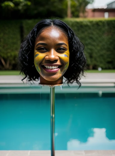  Disembodied head of a young black Brazilian woman , standing ( floating head without a body ), , (realistic), realistic hands,  extremely detailed , (best image,  Better quality:1.5)( wearing a one-piece swimsuit in white  ),(   body tattoos that refer to knowledge and longevity) 
