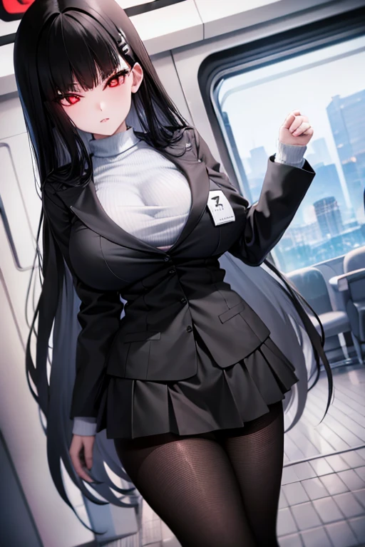 Big Breasts、White knit、Vertical knit、Black fishnet stockings、Black Pantyhose、 miniskirt 、Black Hair、Red Eye、Slender、 long sleeve、Crowded train、 High Resolution 、Best Quality、 high definition models