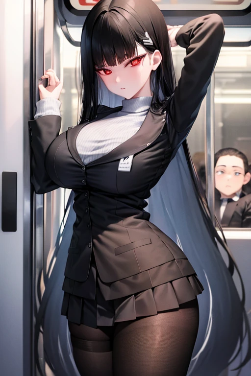 Big Breasts、White knit、Vertical knit、Black fishnet stockings、Black Pantyhose、 miniskirt 、Black Hair、Red Eye、Slender、 long sleeve、Crowded train、 High Resolution 、Best Quality、 high definition models