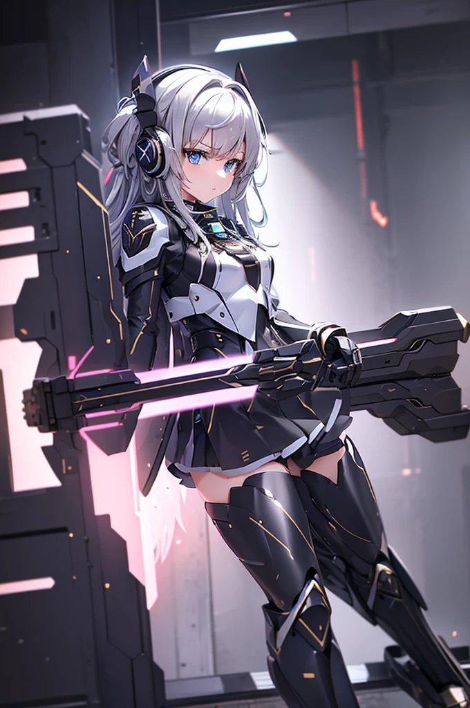 mecha wing、Thighs、tights、chest、White Hair、 1 girl、 solo girl 、income、 headphones、idol dress、 Holding Swords 、Has a shield、mecha girl、 black skirt 、Black Armor、Fallen into Darkness