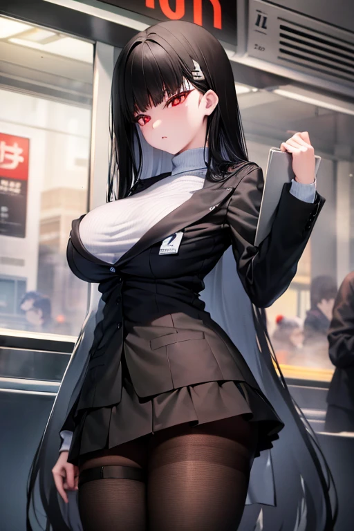 Big Breasts、White knit、Vertical knit、 long sleeve、Black fishnet stockings、Black Pantyhose、 miniskirt 、Black Hair、Red Eye、Slender、Crowded train、 High Resolution 、Best Quality、 high definition models