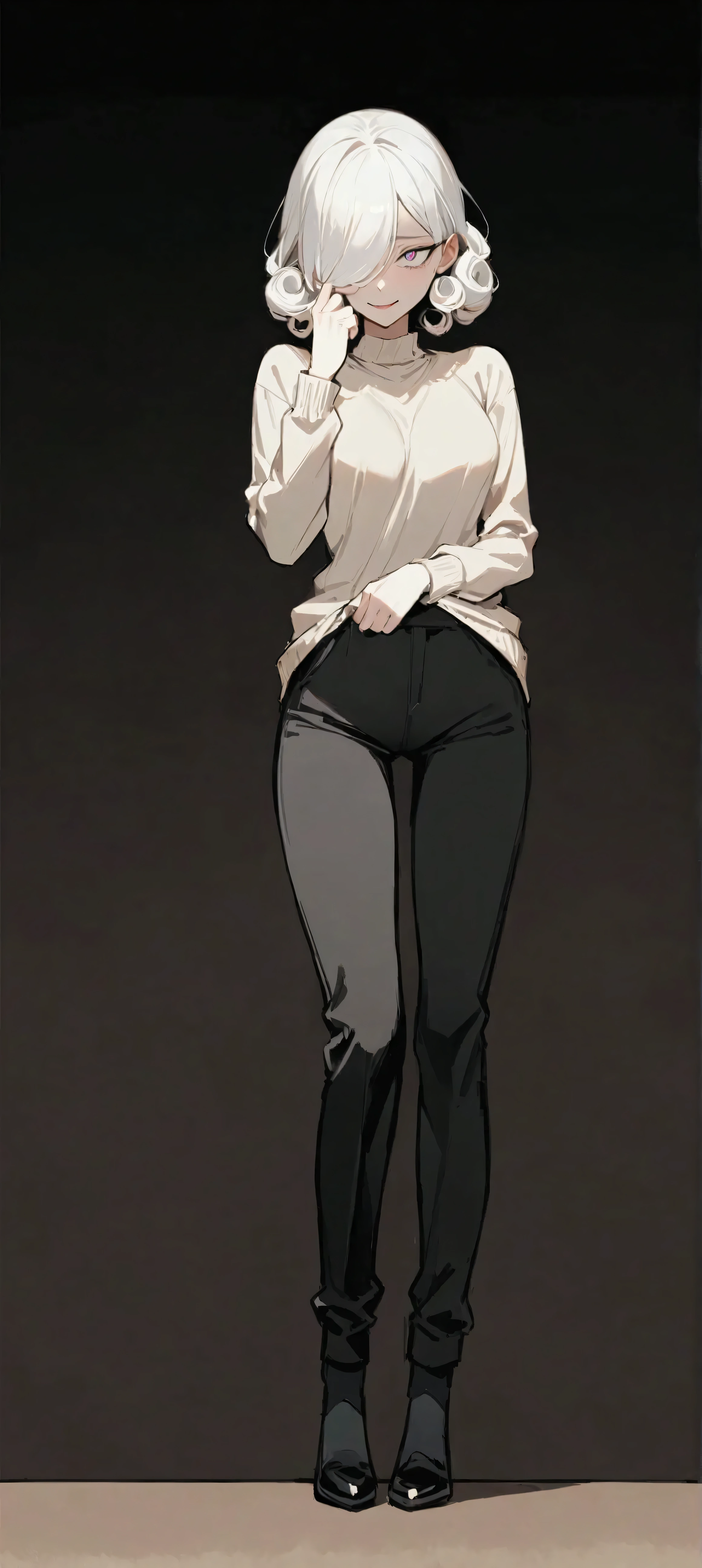 ( masterpiece :1.2,  The best quality ), 1 woman, upper body, long sweater down to her buttocks, black pants,black tie, casual,  medium breasts, white hair covering one eye, curly, Minimalist makeup,pale,natural fabrics,  close up of the face, evil smile, heteroctomy eyes bright circular pupils,8k high resolution, detailed lines, ((  full body )), Dark background ,