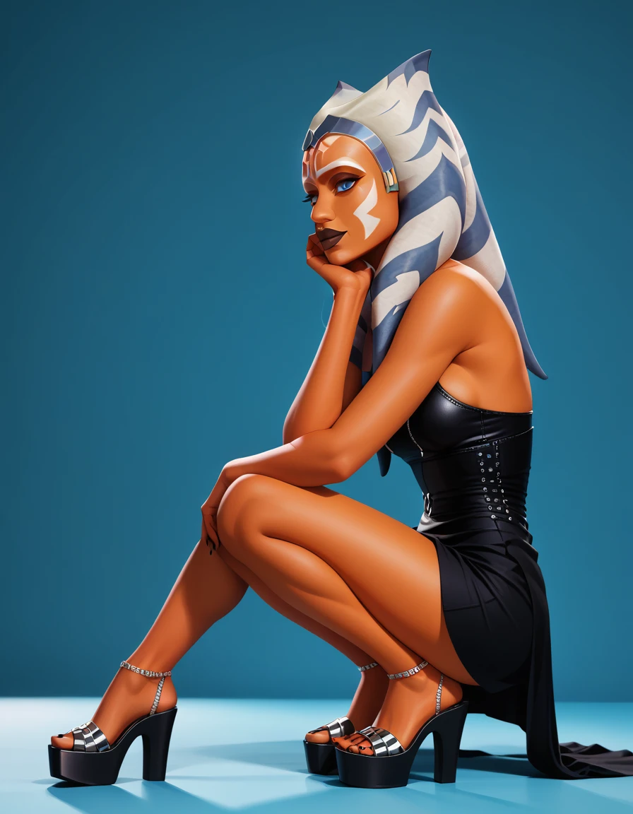 score_9, score_8_up, score_7_up, score_6_up, source_anime D-art, 1girl, solo, very sexy (Ahsoka, togruta, orange skin, white and blue montral horn, white facial markings, jedi, medium montral, rubbery montral:1.4), (variety of sexy outfits, fashion model, wedge:1.5), flirt, gaze, sexy look, head tilt, squatting, side view, (full bodies in view) expressiveh d4rk01l, perfect hands, perfect proportions, simple background, highly detailed, (ultra-detailed), (best illustration), (best shadow), (absurdres), (very aesthetic), (4k, intricate), (detailed face:1.2).