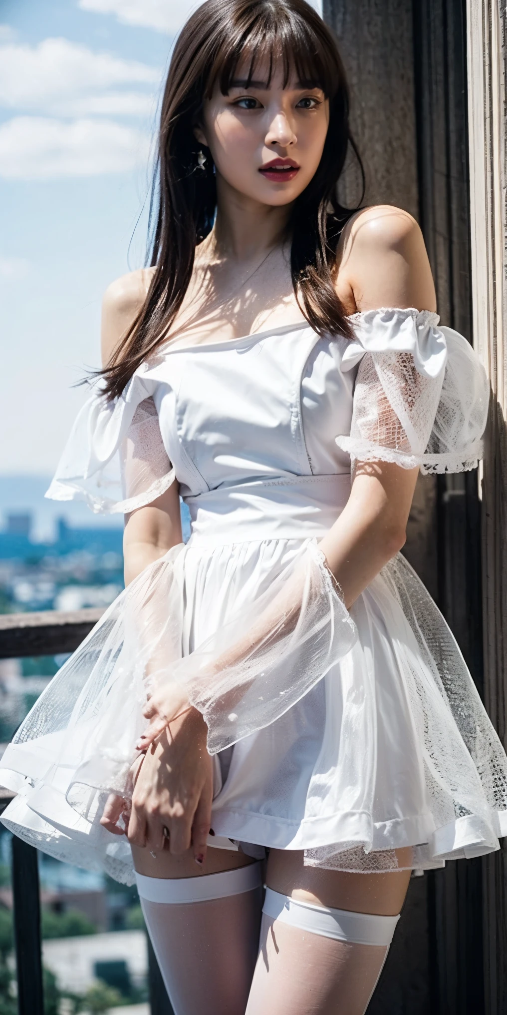 ((best quality, 8 thousand, masterpiece:1.3)), Concentrate upon: 1.2, bee waist, perfect body beauty: 1.4, ((layered haircut:1.2)), (raceway), Highly detailed face and skin texture, White skin, whole body, Looking at it, the gap is big., big bust, volume, laugh, pretty teeth, sweet, blue sky, blue sky, Crush clouds, translucent dress, wearing a wet white short dress, wearing a white dress, trendy white clothes, multi-layered outfit, wearing a cute white dress, (Climb on a moving train), ((blue sky아래 해변 옆으로 달리는 기차 지붕 위에서)), big bust,