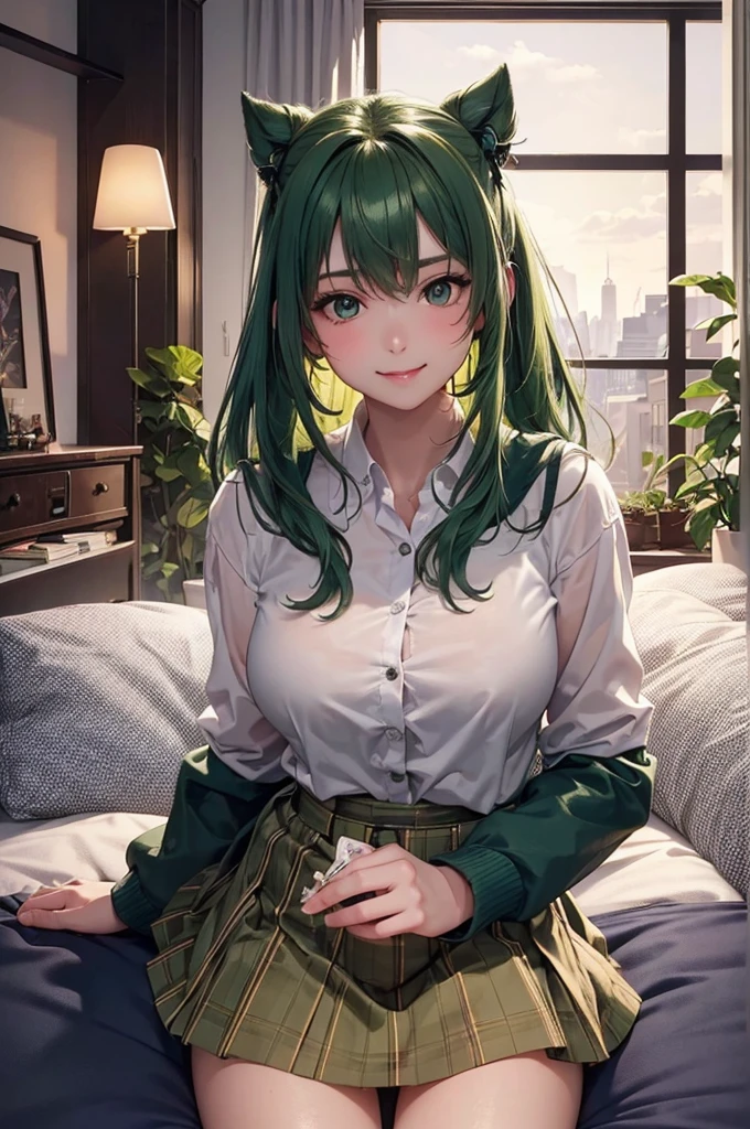 solo girl, upper body, white shirt, dark green hair, purple eyes, ((8k, hyper-realistic art, High Res)), ultra realistic, blushing, smiling at viewer, ((magazine cover))