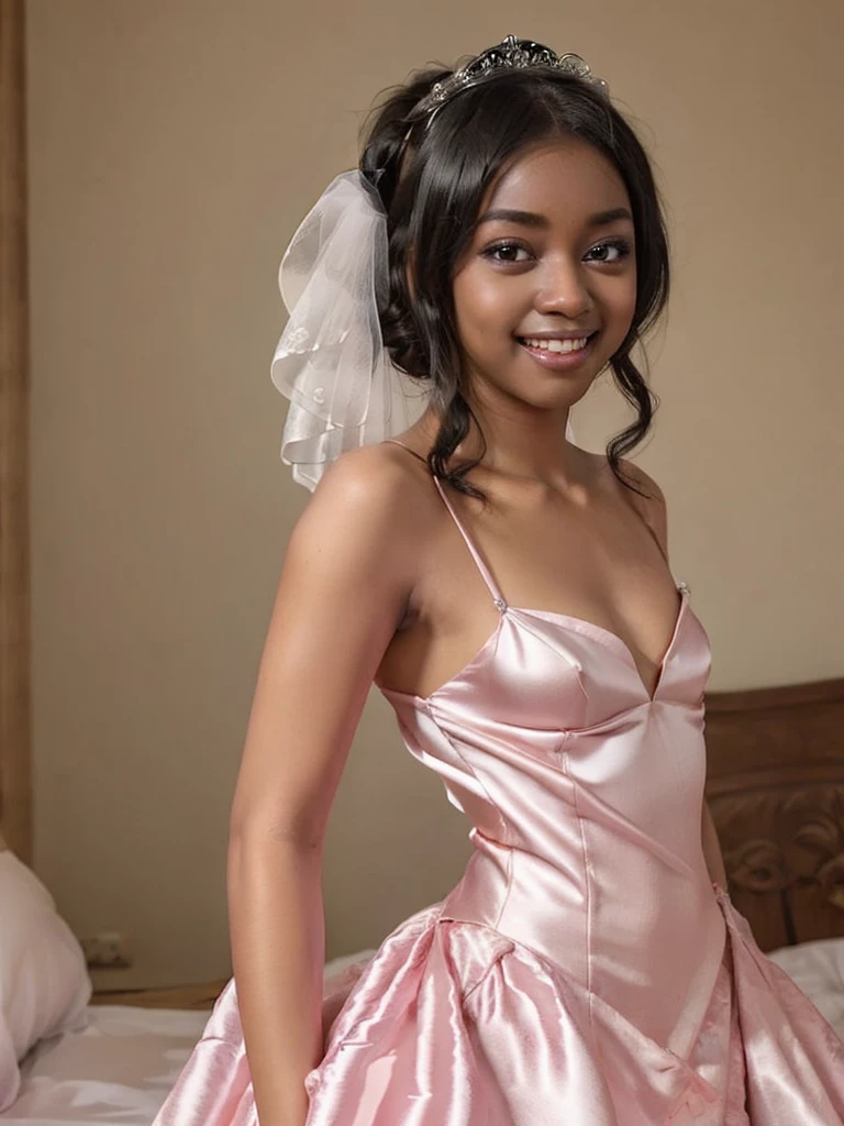 A Indian girl, black ponytail, (black skin:1.4), BREAK, baby face, standing, (satin princess dress, pink wedding dress:1.4), BREAK, (wedd00ing:1.2), (tiny tits, tt_flat), ((shooting from side)), armpit, smiling,+ bedroom, 