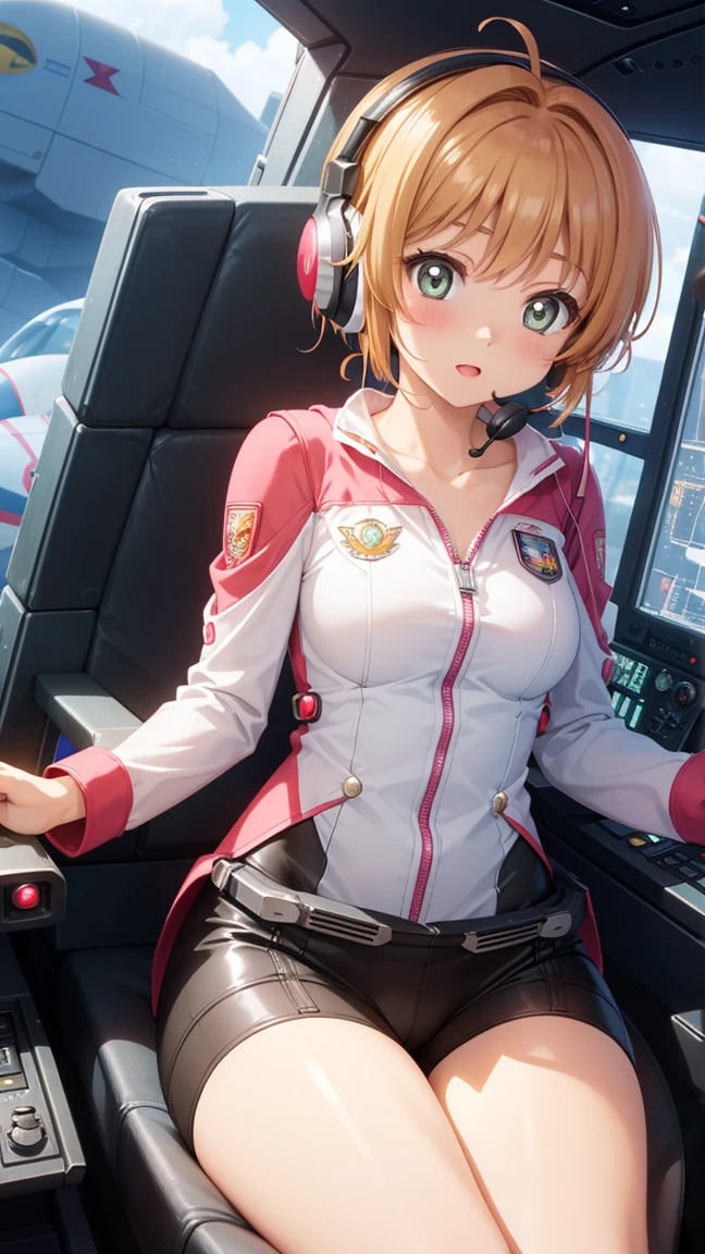 masterpiece, best quality, highres, 1girl, detailed face, blush, anime CG style, (medium breasts), (18 year old girl:1.3), (aged up), good lighting, perfect body, sakura kinomoto, glossy lips, (((mecha cockpit))), bodysuit, collarbone, sitting, headset microphone, pilot chair, ((flight stick, joystick, pilot))