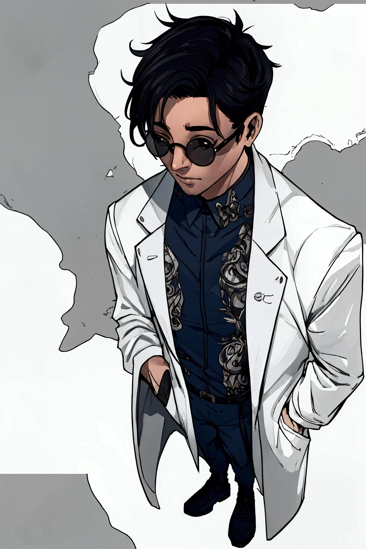 man, Young, scientist, nerd, white jacket, round glasses, messy black hair, full body