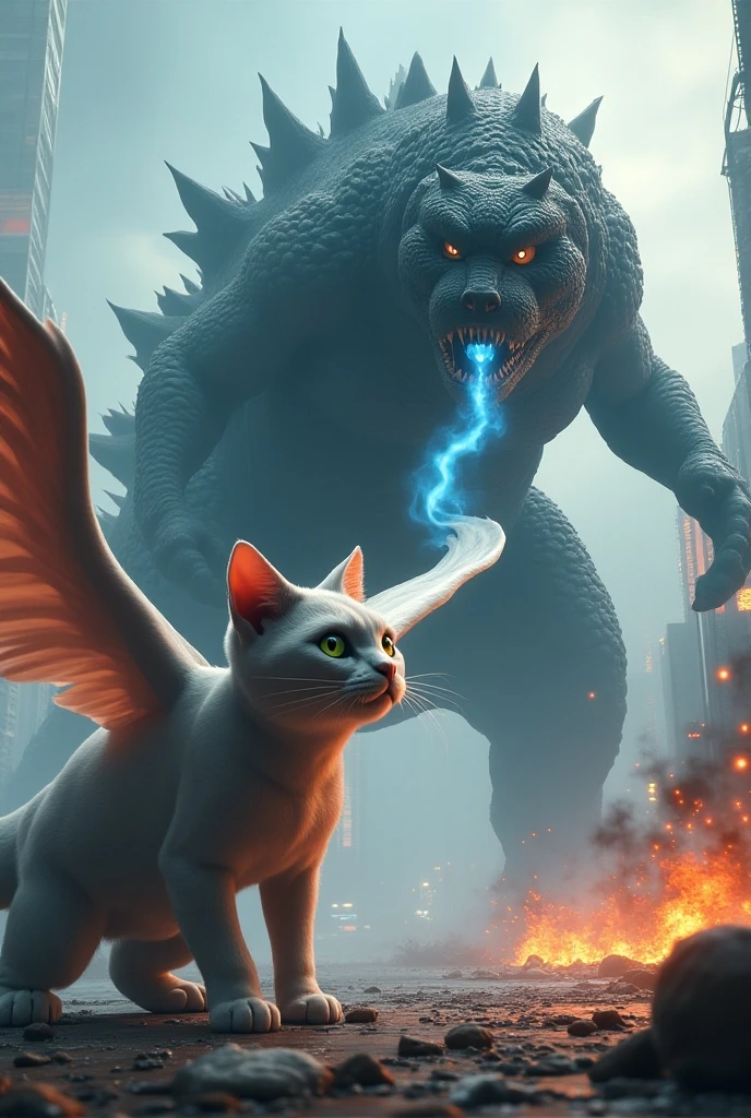 A gigantic kitten standing angrily and attacking a Godzilla. The kitten sprays fire from its mouth towards thr Godzilla. tall buildings as background .