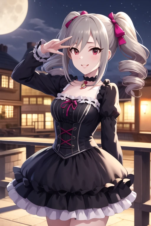 masterpiece,  best quality,  High Resolution , Arlanco, Long Hair,  twin tails, twin drills, Hair Ribbon, medium breasts,  choker, Clevis, frills, gothic, dress, Long sleeve,  Reach Out , smile,  opens her mouth, night, city,  cowboy shot , moon, night