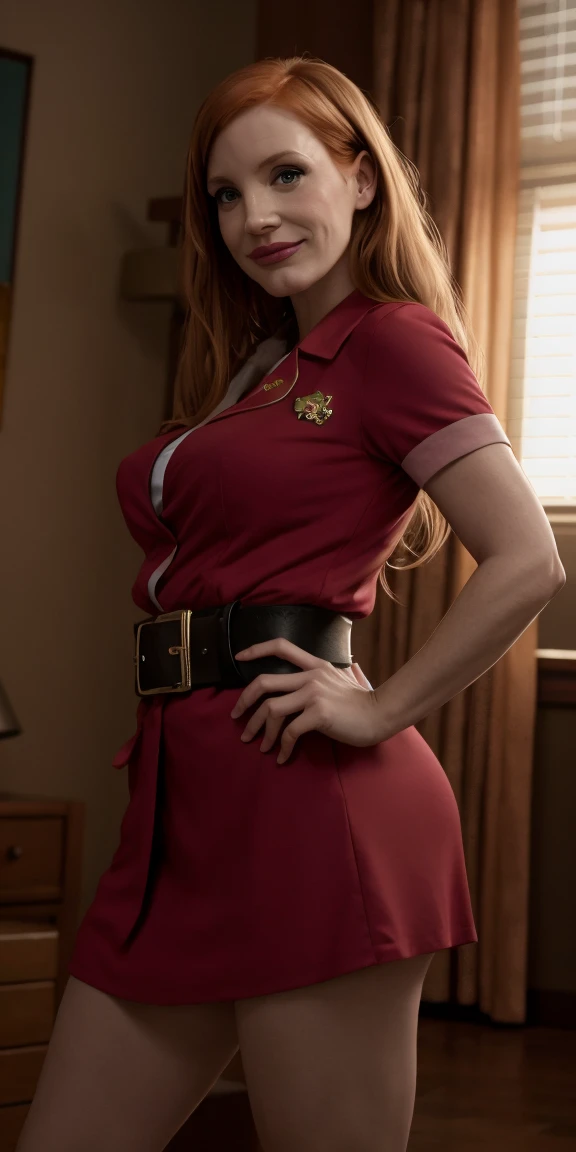 ((Masterpiece, best quality)),photography, detailed skin, realistic, photo-realistic, 8k, highly detailed, full length frame, High detail RAW color art, diffused soft lighting, shallow depth of field, sharp focus, hyperrealism, cinematic lighting
red edgAndy_costume, solo, smile,blonde Jessica Chastain,breasts , short sleeves, military uniform,boots, belt, star badge, hand on hip,red footwear, wearing edgAndy_costume, huge breasts, wide hips
