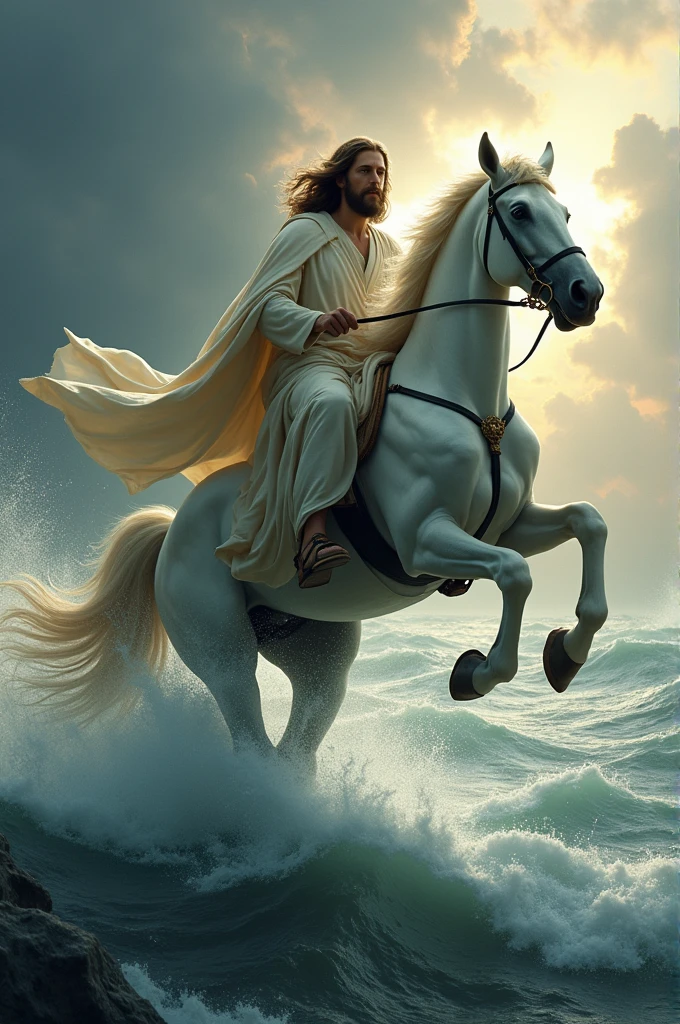 One man with good height and six pack body sitting above the horse with knife on his hand ,he is under the ocean that horse and the man are under the ocean,he is bramhana man and he weared pure white cloths on his body ,he is with less beard and long hair with good looking beautiful face ge has
