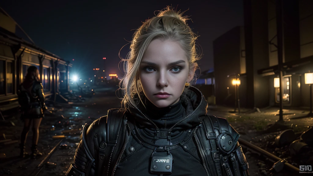 Beautiful, long-haired, beautiful-eyed, slender, blonde woman sitting in an office. ((cyberpunk style)), high-tech city, machine-enhanced, (high-tech fantasy), robotics, 3D games, Blade Runner 2049, Ghost in the Shell, realistic rain, near-future, neon,