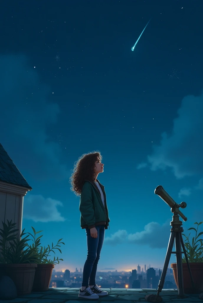 Generate a realistic image of Emma, a young woman with curly brown hair and green eyes, standing on the rooftop of her home on Earth, gazing up at the stars. The night sky is clear, filled with millions of stars, and a bright flash streaks across it. The rooftop is simple, with a few potted plants and an old telescope. Emma wears a casual outfit: jeans, sneakers, and a jacket, her face illuminated by the soft moonlight. Her expression is one of curiosity and awe as she watches the shooting star. The atmosphere should feel peaceful yet filled with anticipation. que sea realsita no anime