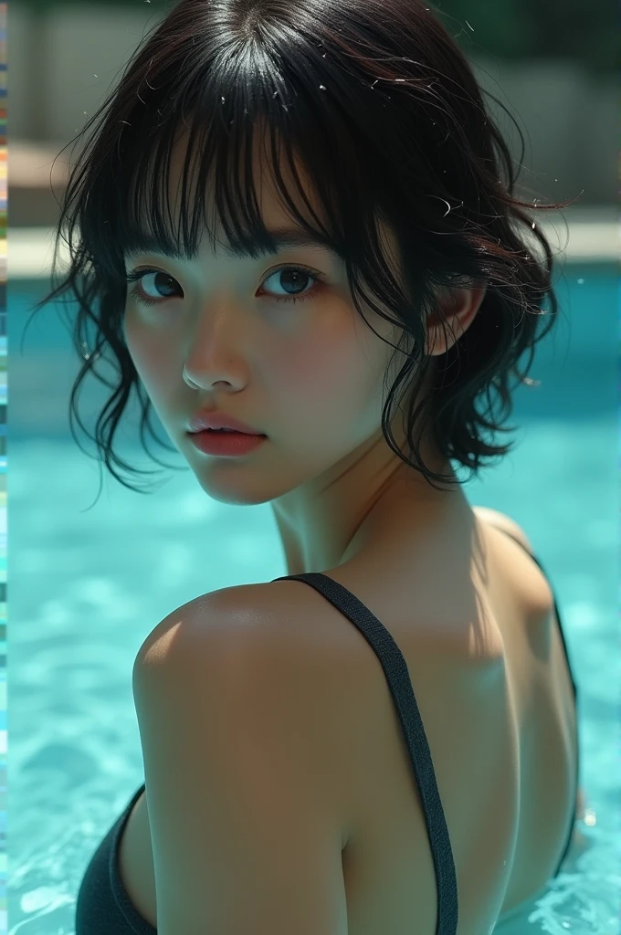 (best quality, 4k, highres, highres face details),18 yrs old, Instagram model, 1girl, solo, athletic figure, tan skin, perfect nose, perfect lips, fake lashes, modest bust size, pretty face, cute face, wearing a black bathrobe, huge nipples, naked underneath, soaking wet, wet hair, wet body, water dripping off hair and body, brown hair, short curly hair, crossed bangs, brown eyes, constricted pupils, cinematic lighting, Ultra-Wide Angle, Canon, Hyperrealism, UHD, masterpiece, textured skin, realistic water texture, high details, best quality, detailed eyes, detailed iris, ultra detailed breasts, ultra detailed vagina, posing for the camera