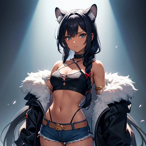 ,xilonen, dark-skinned female, leopard tail, makeup, long hair, single braid, animal ears, fur trim, fur-trimmed jacket, open jacket, off shoulder, long sleeves, single sleeve, crop top, halterneck, criss-cross halter, blue shorts, denim shorts, cutoffs, necklace, bracelet, bare shoulders, midriff, cleavage