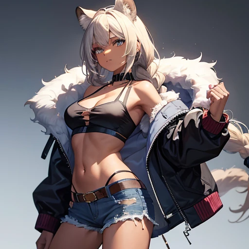 ,xilonen, dark-skinned female, leopard tail, makeup, long hair, single braid, animal ears, fur trim, fur-trimmed jacket, open jacket, off shoulder, long sleeves, single sleeve, crop top, halterneck, criss-cross halter, blue shorts, denim shorts, cutoffs, necklace, bracelet, bare shoulders, midriff, cleavage