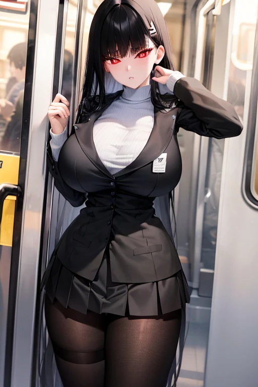 Big Breasts、White knit、Vertical knit、 long sleeve、Black fishnet stockings、Black Pantyhose、 miniskirt 、Black Hair、Red Eye、Slender、Crowded train、 High Resolution 、Best Quality、 high definition models