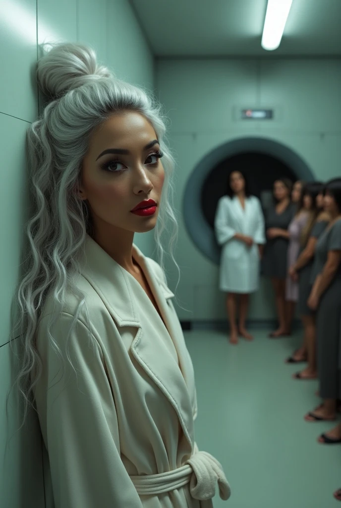A beautiful youthful looking her hair graying but still very sexy gray haired
Filipino woman
wearing a dress now a prisoner of a evil scientist the male evil scientist her hair graying her long hair now graying she has a curly hair hairstyles hairstyle and she is aging because the male evil scientist standing next to her is given her a injection that is aging her up she looks like she is in pain and she screaming in pain and she is in a Bright lab tied up to a chair