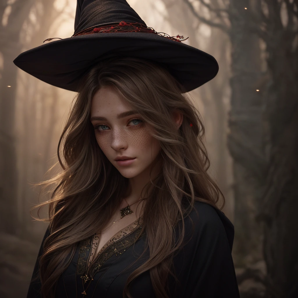  photorealistic  , 35mm,  intricate details, HDR,  intricate details, Hyper detailed,  natural skin texture , hyperrealism, sharp, 1 girl, adult (elven:0.7) woman, freckles, gray eyes, layered brown hair, portrait,  looking down, Alone, half shot,  detailed bottom , witch hat, witch, Magical atmosphere, hair flowing in the wind, light colored clothes with red trim, whirlwind of spinning magic in the air, black magic, ( magic-style-swirls :0.8), floating particles