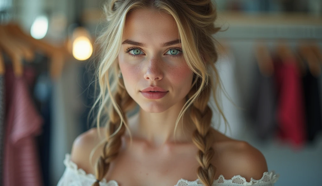 Izabela Ion, blue_eyes, blonde hair, blue eyes, hair ribbon, ribbon, braids, hair braids, red ribbon, erotic smile, erotic eyes, (face focus:0.8), (realism:1.2), (masterpiece:1.2), (best quality), (ultra detailed), (8k, intricate), (85mm), light particles, lighting, (detailed eyes:1.2), (highly detailed:1.2), (dynamic angle:1.2), (gradients), colorful, daylight,full lips, detailed background, depth of field, volumetric lighting, sharp focus, absurdres, realistic proportions, good anatomy, (realistic, hyperrealistic:1.4), 16k hdr, show nipples, medium breasts, show vagina, spread legs.