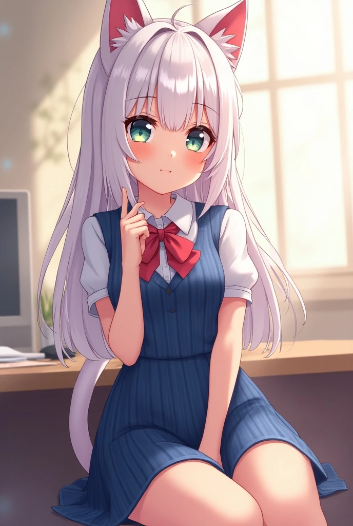 Highest quality,masterpiece,Green Eyes, Grey Hair, hair ornaments, Animal ears, Flat Chest,uniform,Navy Blue Blazer,White shirt,Pink ribbon,Grey Skirt,Pink Panties,White long socks,Black low heels,sitting on desk,1 Boy,squat,1. Looking up a girl&#39;s skirt