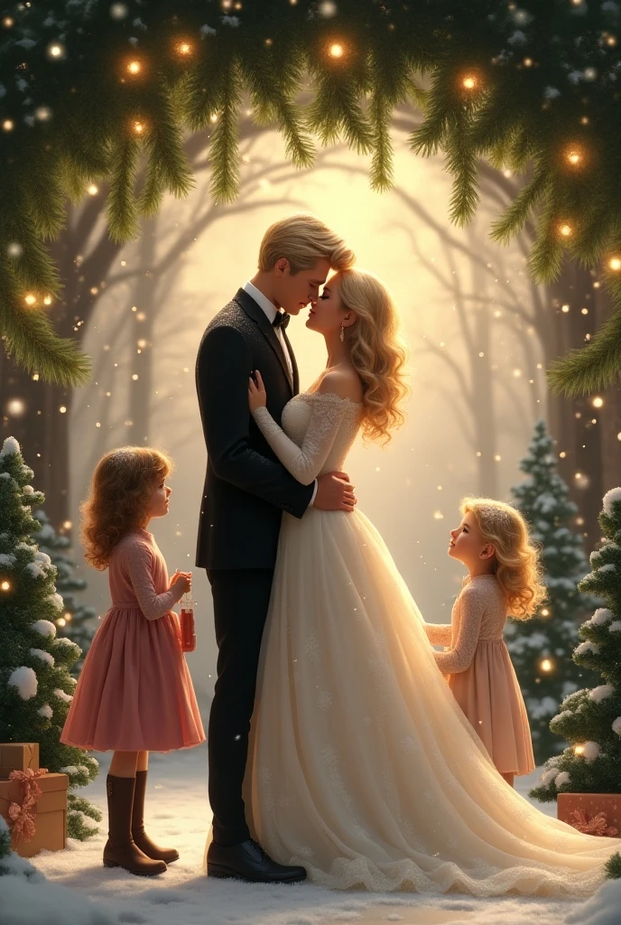 a couple, The man is facing away and the woman has short blonde hair and a white strapless dress, the baby in the arms of the man with a blue dress and white brooch, on a balcony overlooking a landscape of snowy mountains