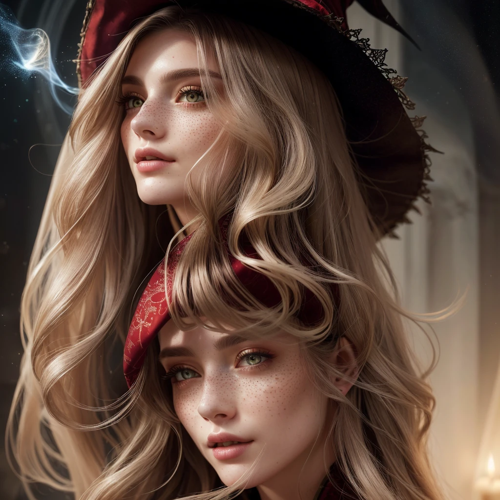 photorealistic , 35mm,  intricate details, HDR,  intricate details, Hyper detailed,  natural skin texture , hyperrealism, sharp, 1 girl, adult (elven:0.7) woman, freckles, gray eyes, layered brown hair, portrait,  looking down, Alone, half shot,  detailed bottom , witch hat, witch, Magical atmosphere, hair flowing in the wind, light colored clothes with red trim, whirlwind of spinning magic in the air, black magic, ( magic-style-swirls :0.8), floating particles