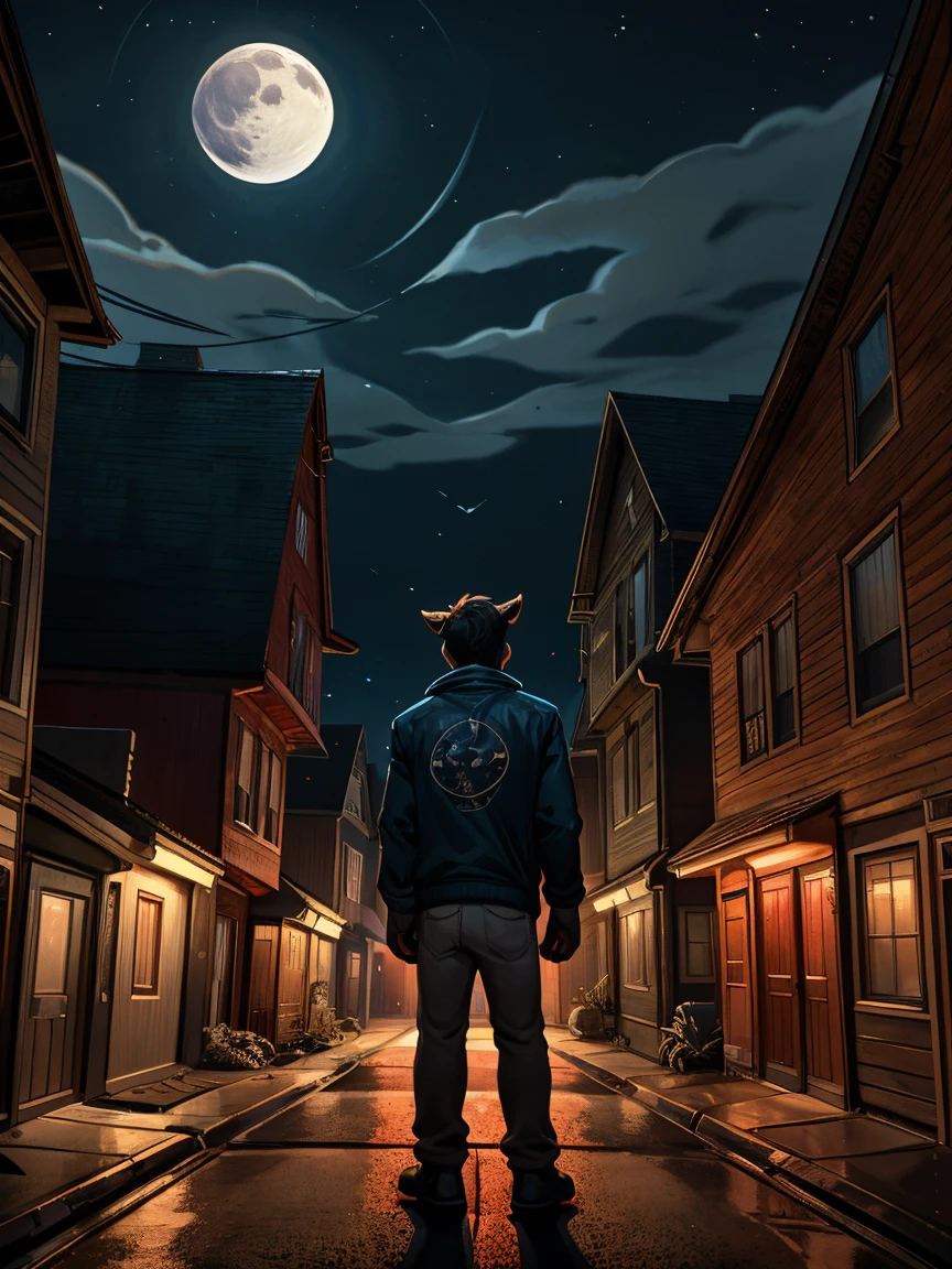 Tim Jacobus style night scene. a boy stands in the middle of a street lined with houses. His back is facing the viewer. The moon is large in the sky. Night scene. a boy (center) stands in the middle of a street lined with houses. His back is facing the viewer. The moon is large in the sky. cartoon style poster artwork stunning artwork detailed high quality Tim Jacobus' signature style dynamic compositions, vibrant use of color, and slightly surreal horror elements, which evoke a vivid, comic-book-like realism that works well with both eerie and exaggerated features. dramatic lighting and high contrasts. bold color palettes, eerie environments