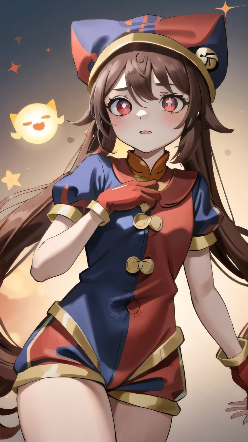 masterpiece, best quality, 1girl, hu tao (genshin impact), boo tao,, twintails, brown hair, solo, symbol-shaped pupils, long hair,bangs, multicolored clothes, jester cap, puffy short sleeves, gloves, buttons, colored skin, symbol-shaped pupils, red eyes, perfect lighting, focused pussy outfit