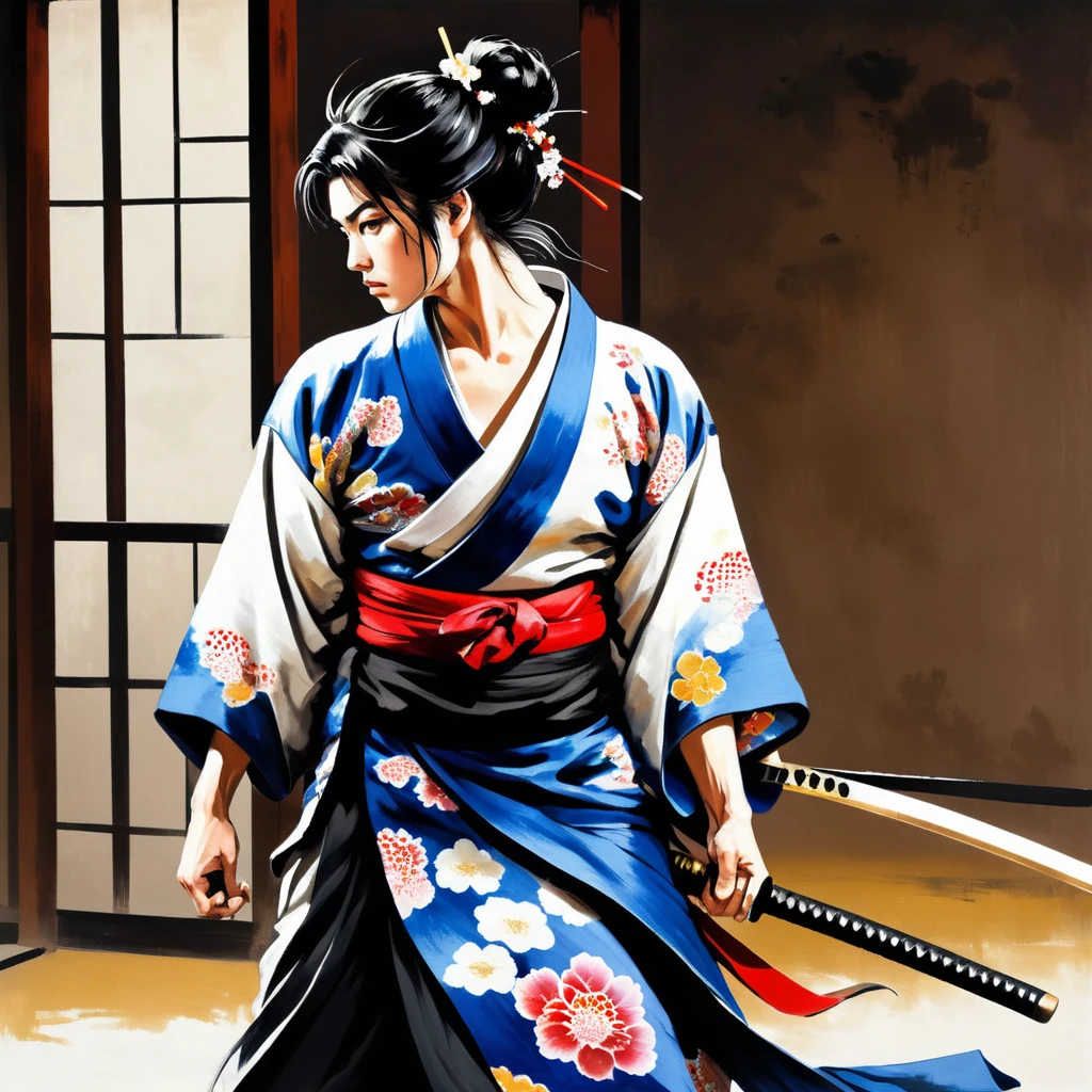 warrior,Angry expression,kimono,Alone,  watching viewers,fight, masterpiece, best quality, very detailed, Sex,Zoom in, beautiful posture