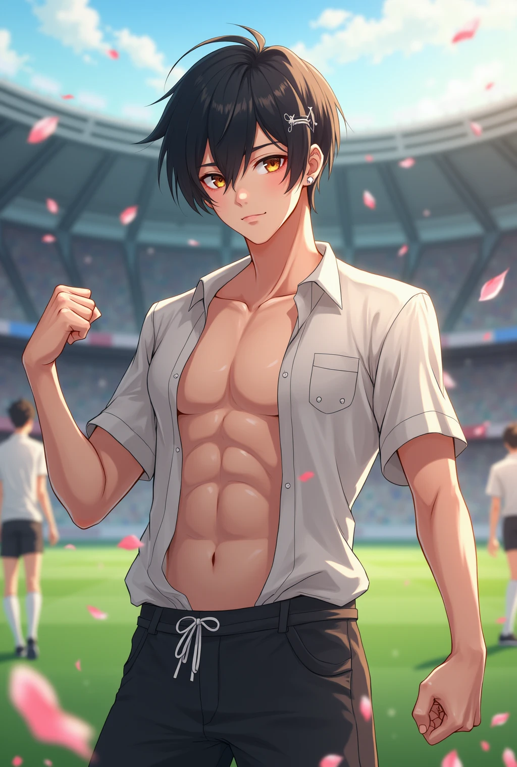 high quality, detailed, (20 years old anime guy), (black hair with middle part), (blue detailed eyes), (abs:1.5), (shiny skin), black briefs,(big bulge),(detailed nipples), Soccer clothes, Tall